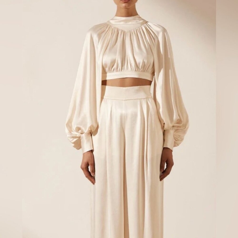 Shona Joy Cream/White Satin Cropped Top Sz 2 NWT